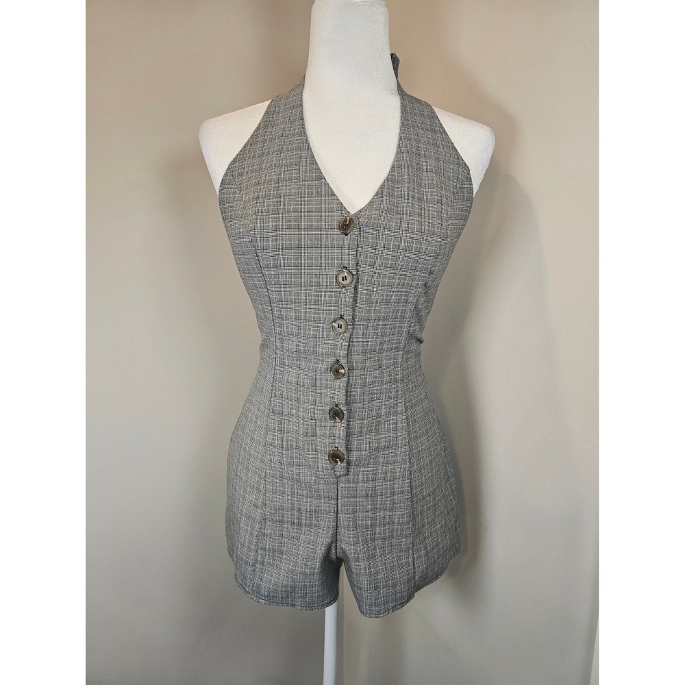 Forever 21 Womens Grey Glen Plaid Halter Neck Button Front Romper Size Medium